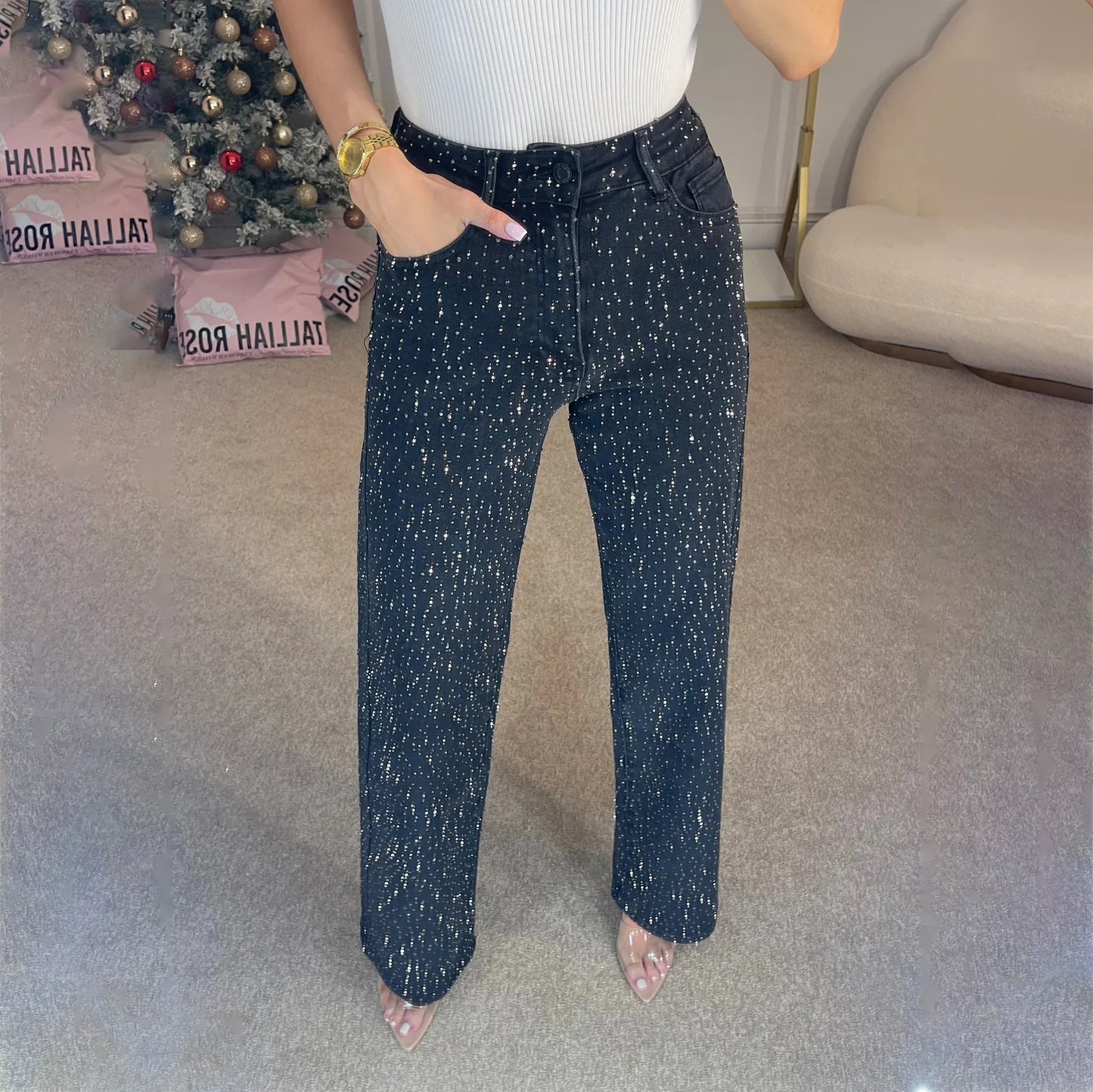 Pantalon femme taille haute à coupe droite, style streetwear chic